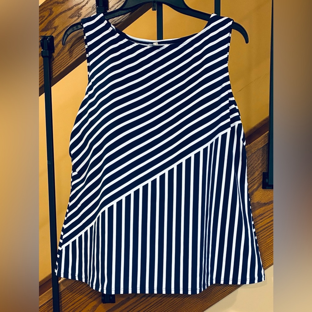Lands End Tankini Molded Cups Navy White Strip SZ. 16W DDD